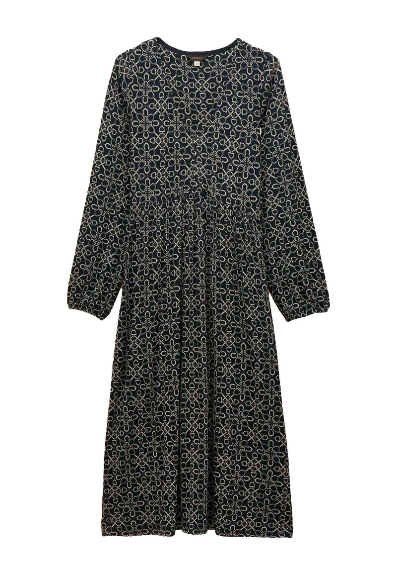 Langärmliges, dunkelblaues Kleid mit einem floralen und geometrischen beigen Muster. Es hat einen runden Ausschnitt und eine geraffte Taille für eine fließende Silhouette.