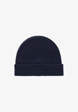 Knit beanie in dark navy blue, featuring ribbed texture and a folded brim. Made from soft material, offers warmth and comfort.