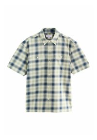 Short-sleeve plaid shirt in green, blue, and cream. Features two chest pockets, button closure, and a classic collar. Cotton material.