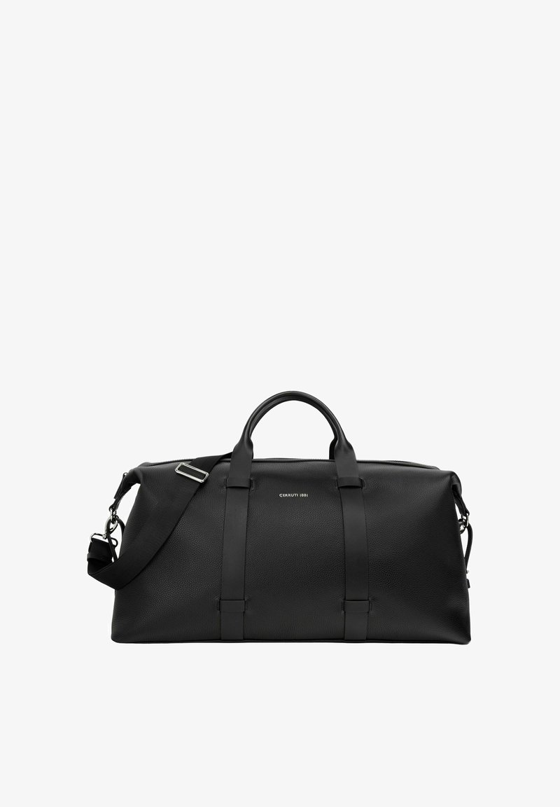 Bolsa de viaje de cuero negro con dos asas superiores, correa de hombro ajustable y logotipo "Cerruti 1881" en el frente.