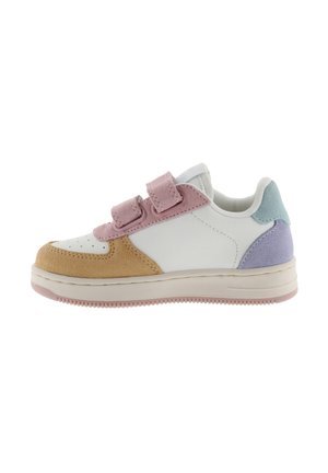 White sneaker with pastel accents in pink, blue, and tan. Made of leather and suede, featuring two Velcro straps and a textured rubber sole.