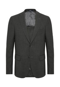 Veste grise foncée en tissu texturé. Elle comporte une fermeture à deux boutons, des revers en pointe et deux poches avant avec une doublure intérieure lisse.
