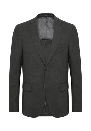 Veste grise foncée en tissu texturé. Elle comporte une fermeture à deux boutons, des revers en pointe et deux poches avant avec une doublure intérieure lisse.