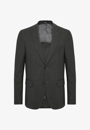 Tamsiai pilkas švarkas, pagamintas iš tekstūruotos medžiagos. turi dviejų mygtukų užsegimą, įpjovą ant apykaklės ir dvi priekinės kišenes su lygiu vidiniu pamušalu.