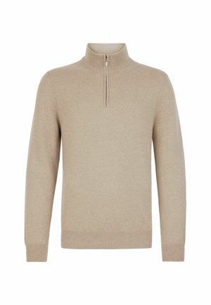 Beżowy sweter dziany z wysokim kołnierzem i częściowym zamkiem, z prążkowanymi mankietami i dolnym brzegiem. Miękka tekstura, wydłużona sylwetka.