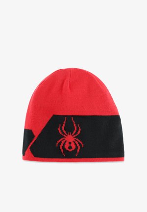 Rote und schwarze Strickmütze mit einem Spinnengrafik in der Mitte und eckigen Designelementen. Weiche Textur, standardmäßige Mützenform.