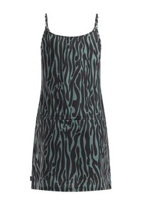 Vestido sin mangas con tirantes finos ajustables, que presenta un patrón abstracto de rayas de cebra en negro y verde azulado.