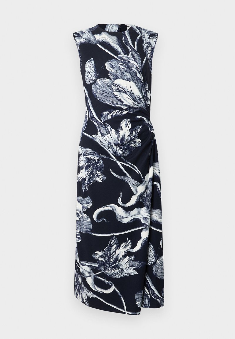 Sleeveless navy blue midi dress with white floral and butterfly print, featuring a gathered detail on the right hip.