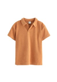 Kortærmet polo shirt i blødt orange stof, med en klassisk krave og afslappet pasform. Struktureret overflade med en let fuzzy udseende.