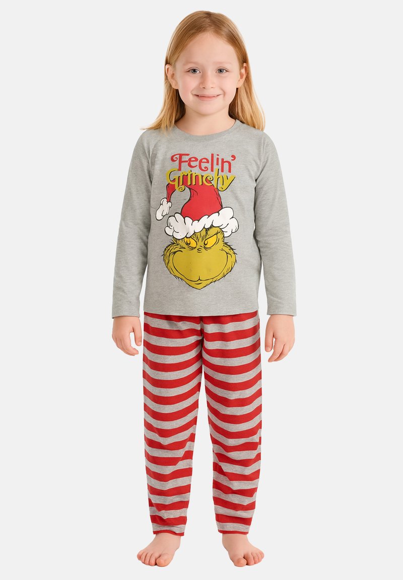 Maglietta da pigiama grigia a maniche lunghe con testo "Feelin' Grinchy" e grafica del Grinch; pantaloni da pigiama a strisce rosse e grigie, tessuto morbido, vestibilità comoda.
