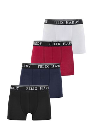 Conjunto de cuatro bóxers para hombre en blanco, rojo, azul marino y negro con cinturas negras con la marca "FELIX HARDY" en blanco.