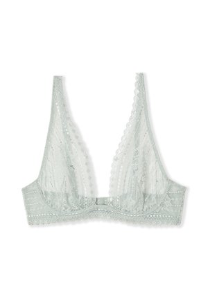 Lichtgroene kanten bralette met geschulpte randen, driehoekige cups en delicate bloemmotieven, ontworpen zonder beugels of padding.