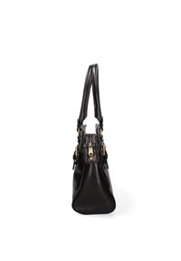 Sac à main en cuir noir avec une forme structurée, doté d'une fermeture éclair et d'accents en métal doré. Poignées doubles pour le transport.