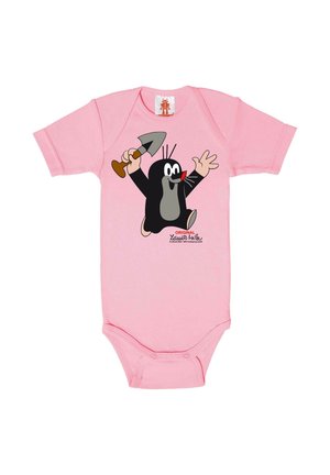 Pink baby bodysuit with cartoon mole holding a garden trowel, smiling and waving, printed on the front.