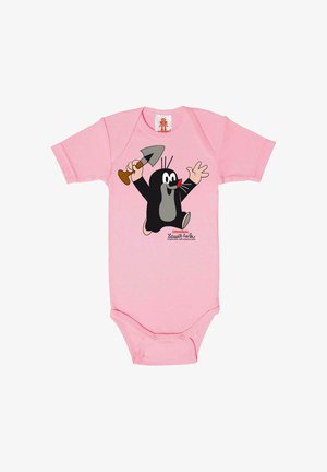 Pink baby bodysuit with cartoon mole holding a garden trowel, smiling and waving, printed on the front.