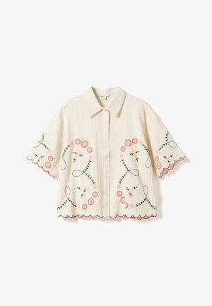 Crème korte mouwen blouse met knopen en kraag, met geborduurde roze en gele bloemen met groene ranken en gegolfde randen aan mouwen en zoom.