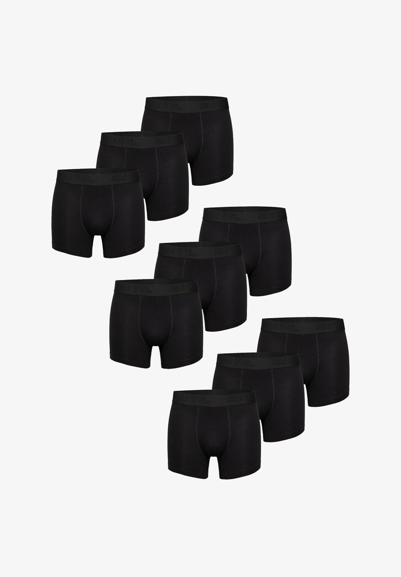 Schwarze Baumwoll-Boxershorts, ausgestattet mit einem weichen Bund, glatter Textur und einer körperbetonten Passform. Set von zehn, einheitliche Farbe und Stil.