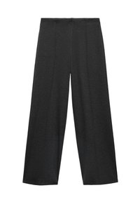 Pantaloni negri cu picioare largi, confecționați dintr-un material moale cu o textură fină, având un design simplu, fără ornamente și linii curate.