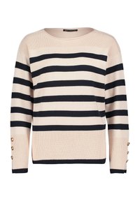 Beige en marineblauw gestreepte gebreide trui met een ruime halslijn, geribbelde textuur en decoratieve knopen op de manchetten.