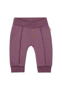 Paarse babybroek van een katoenmix met een elastische tailleband, twee houten knopen aan de voorkant en ribgebreide boorden. Features gestikte details voor textuur.