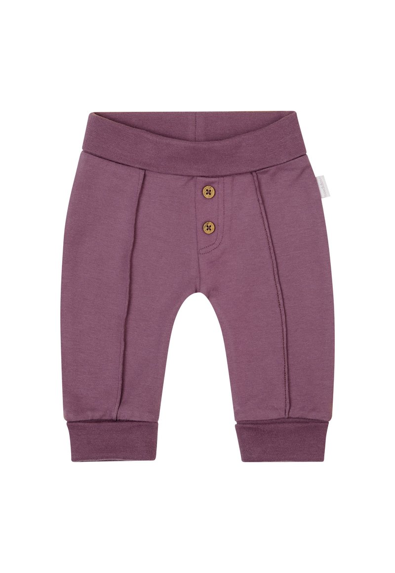 Paarse babybroek van een katoenmix met een elastische tailleband, twee houten knopen aan de voorkant en ribgebreide boorden. Features gestikte details voor textuur.