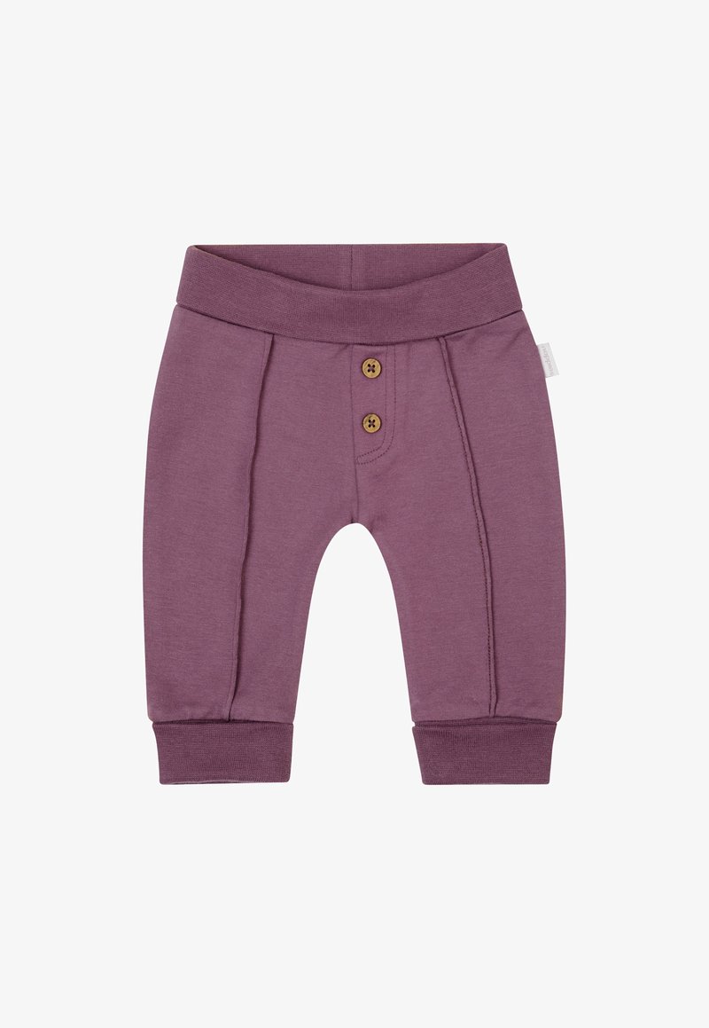 Paarse babybroek van een katoenmix met een elastische tailleband, twee houten knopen aan de voorkant en ribgebreide boorden. Features gestikte details voor textuur.
