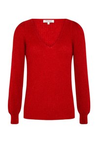 Maglione rosso lavorato a maglia con scollatura a V, maniche lunghe, texture a coste e orlo aderente. L'etichetta mostra "MORGAN" e taglia "S".