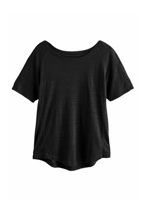Maglietta nera a maniche corte con scollatura rotonda, vestibilità rilassata e texture morbida. Tessuto liscio con leggerissime linee orizzontali e bordi cuciti.