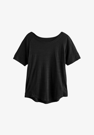 Svart kortärmad topp med rundad halsringning, avslappnad passform och mjuk textur. Slät tyg med subtila horisontella linjer och kvarnkanter.