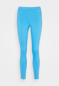 Niebieskie elastyczne legginsy o gładkiej fakturze, dopasowanym kroju i wysokim stanem. Posiadają dwie faux kieszenie z przodu i czysty wykończenie.