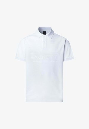 Camiseta polo blanca de algodón con cuello clásico, tapeta de dos botones y un sutil logotipo en relieve de "HACKETT" en el frente.