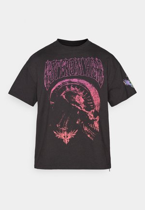 Black cotton t-shirt featuring a large pink skull graphic with text "WAIT FROM HELL" above. Short sleeves and a relaxed fit.