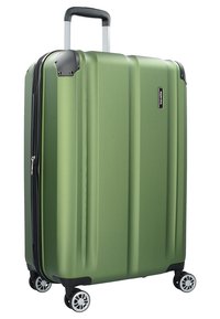 Valigia rigida verde con scanalature verticali, cerniere e dettagli neri, manico estensibile argento, quattro ruote multidirezionali.