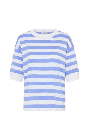 Blau-weiß gestreiftes Kurzarmoberteil mit rundem Ausschnitt und lockerem Schnitt. Hergestellt aus einem weichen, strukturierten Stoff.