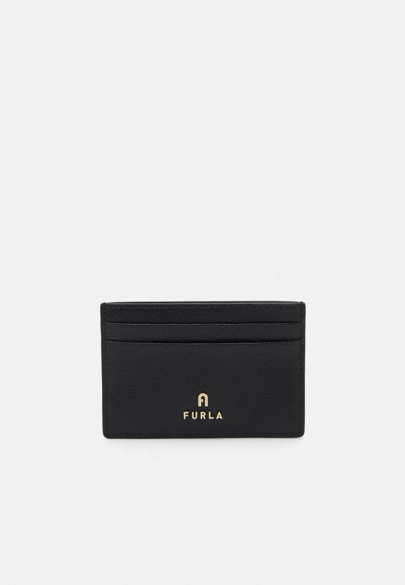 Black leather cardholder with multiple card slots, embossed logo, and sleek design. Textured surface with minimalistic aesthetic.