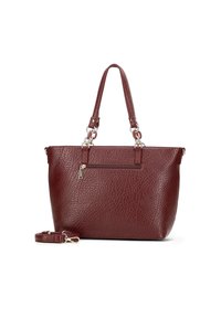 Sac fourre-tout en cuir texturé bordeaux avec deux poignées, poche avant zippée et bandoulière amovible. Détails en métal.