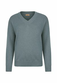 V-Ausschnitt Pullover in gedämpftem Türkis, aus weichem Strickmaterial gefertigt. Verfügt über lange Ärmel sowie gerippte Bündchen und Saum für zusätzliche Textur.