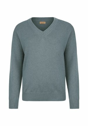 Sweter w serek w stonowanym odcieniu teal, wykonany z miękkiego materiału dzianinowego. Posiada długie rękawy oraz prążkowane mankiety i dół dla dodatkowej tekstury.
