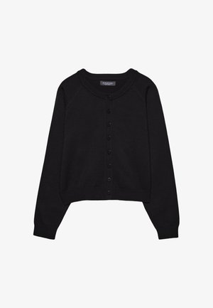 Czarny krótki kardigan wykonany z dzianiny, z okrągłym dekoltem, długimi rękawami oraz zapięciem na sześć guzików z przodu.