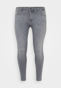 Szürke farmer skinny nadrág közepes derékkal, öt zsebes kialakítással, finom kopással és hagyományos gombos zárással.