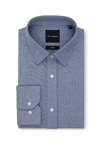 Niebieska, dopasowana koszula z długim rękawem, wykonana z teksturowanej tkaniny, z klasycznym kołnierzykiem, białymi guzikami oraz mankietami zapinanymi na jeden guzik.
