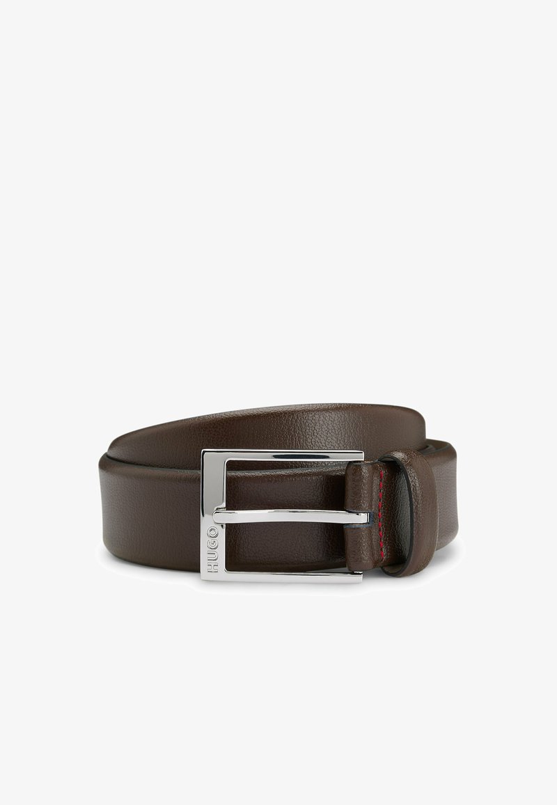 Brown leather belt with a silver metal buckle, featuring a rectangular shape and red stitching detail along the edge.