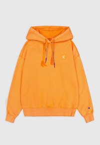 Sudadera naranja con capucha, con un parche de logo en la parte frontal, cordones trenzados con borlas y puños y dobladillo acanalados. Tejido suave y texturizado.