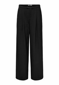 Pantalon noir à jambes larges avec taille haute, plis sur le devant, fermeture à bouton et texture de tissu lisse.