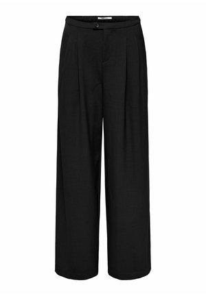 Črne široke hlače z visokim pasom, naborki spredaj, zapiranjem na gumbe in gladko teksturo tkanine.