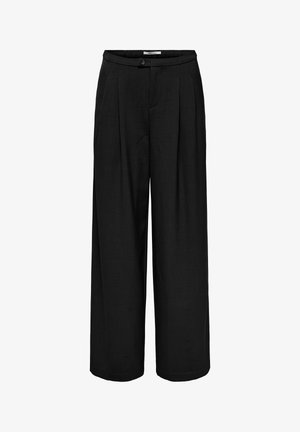 Pantalones negros de pierna ancha con cintura alta, pliegues en la parte delantera, cierre con botones y textura de tela lisa.