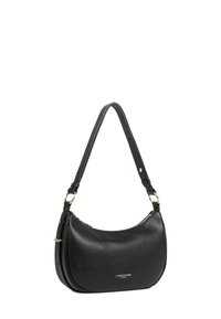 Borsa a tracolla in pelle nera con forma curva, zip dorata, accessori dorati, tracolla regolabile e logo "Lancaster Paris".