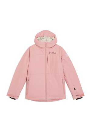 Veste isolée rose avec capuche, fermeture éclair à l'avant et poche poitrine. Comprend des poignets élastiques et des détails de logo sur la poitrine et la manche.