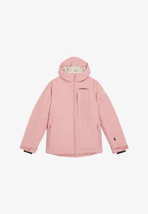 Pink, insulated jacket with a hood, front zipper, and a chest pocket. Features elastic cuffs and logo detailing on the chest and sleeve.