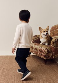 Bambino con maglione beige chiaro e pantaloni scuri, che si allontana da una poltrona con motivo su cui è seduto un corgi. Tappeto testurizzato sotto.